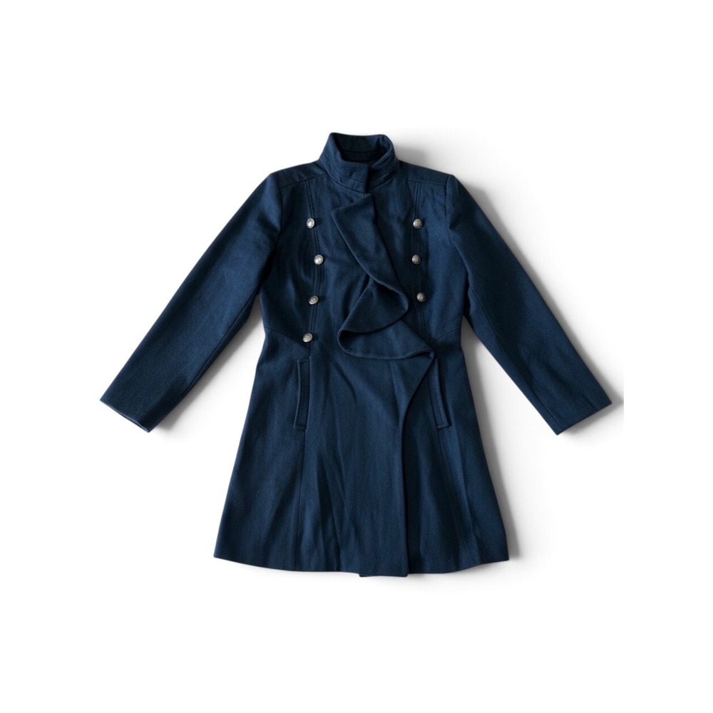 Kensie Womens Teal Blue Wool Blend Ruffle Military Crest Button Flared Coat XLG